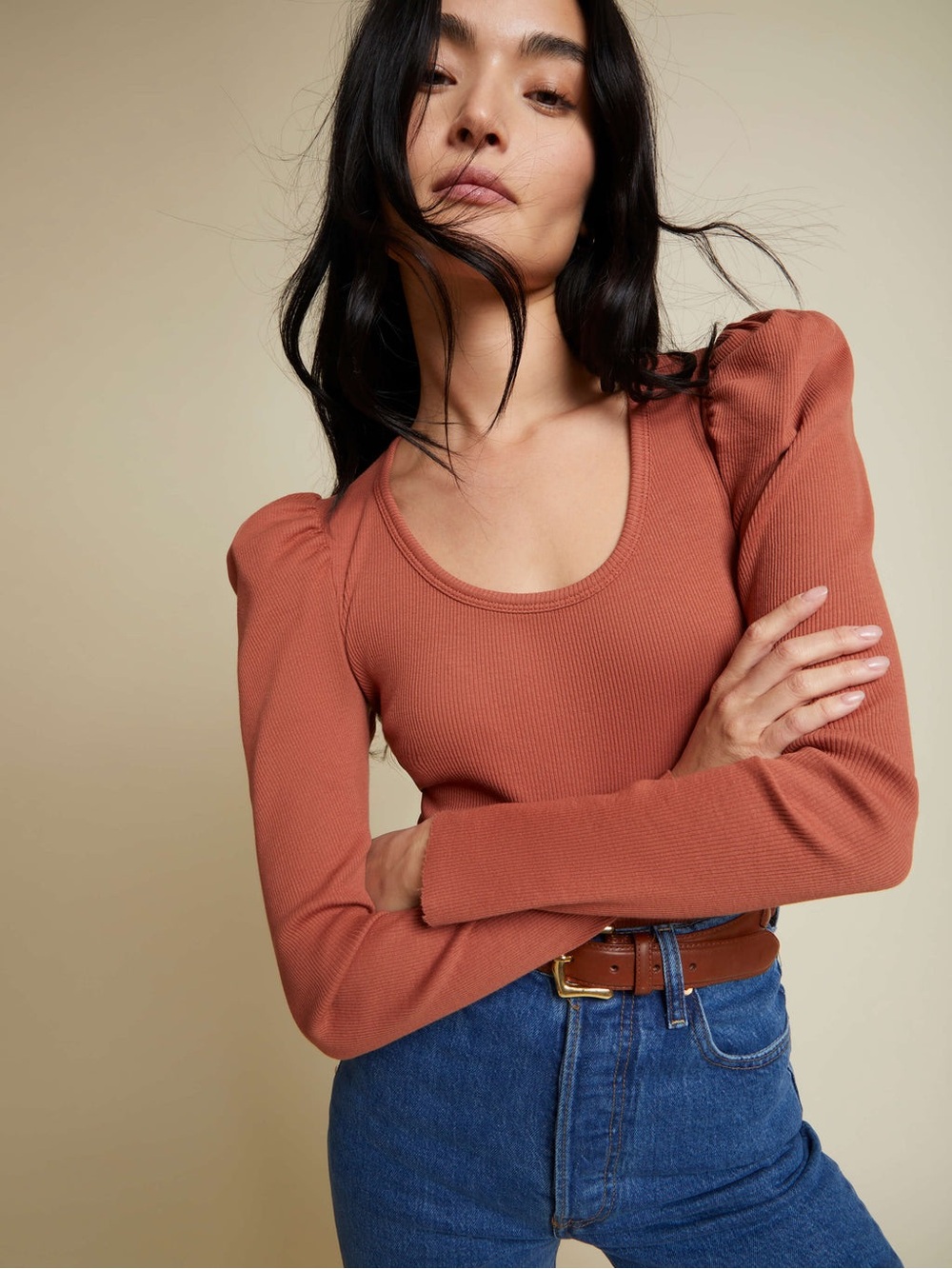 NATION Ltd. Puff Shoulder Organic Pima Cotton Long Sleeve Top Size Small